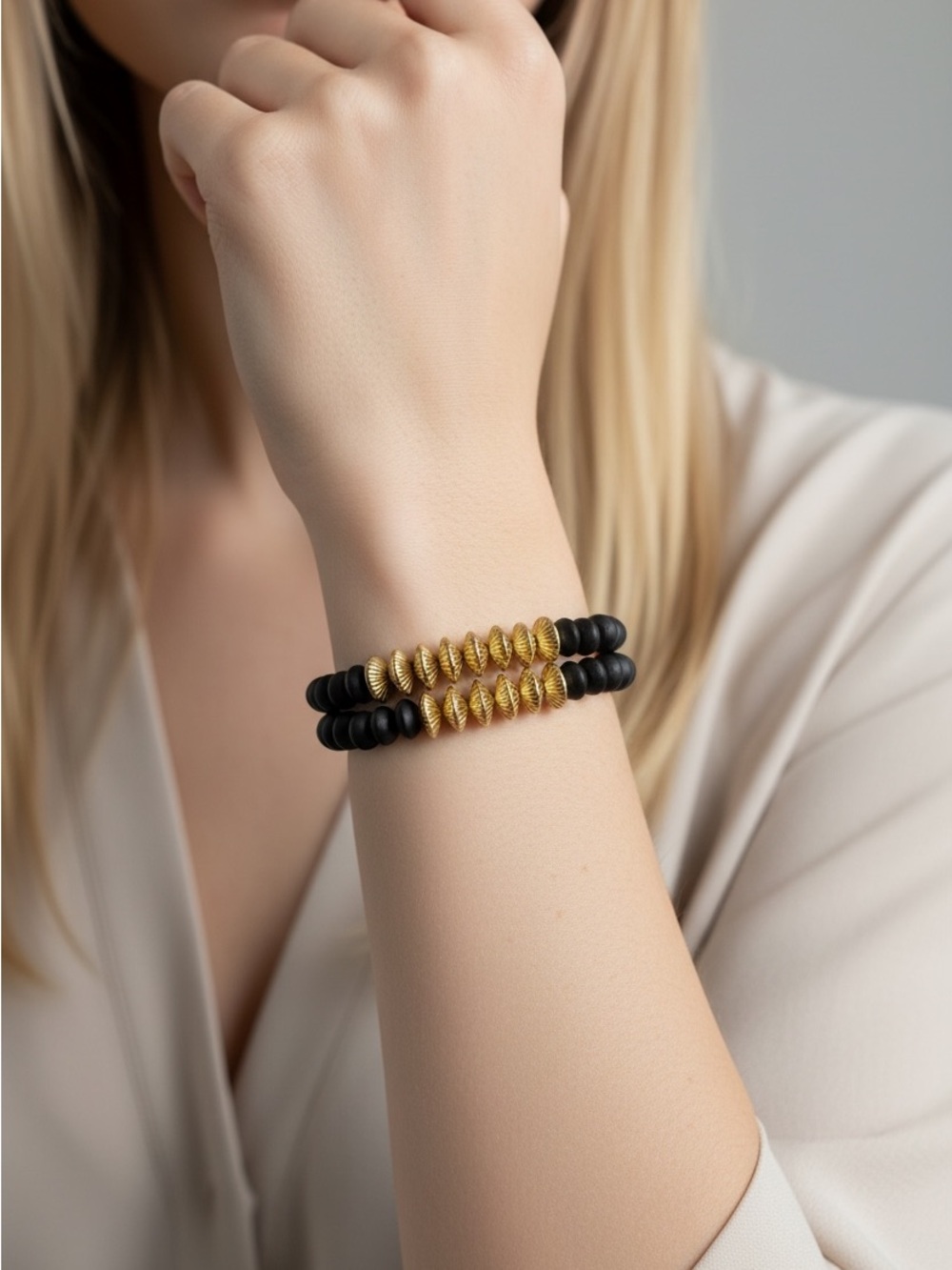 10/24 Gold and Black Beaded Stretch Bracelet Set - Women Jewelry